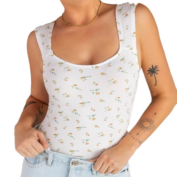 White White Floral Print Ribbed U Neck Sleeveless Bodysuit - Picture 5 of 5